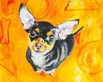 Original Chihuahua Painting - Illustration 10x9 Dog on Textured Watercolor Paper, Unframed, Pet Portrait, Puppy, Acrylic Paint