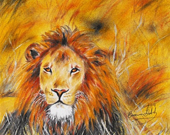 Original African Male Lion Pastel - 9x10 Wildlife Illustration on Textured Watercolor Paper Portrait of a Lion peering from the tall grasses