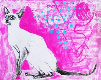 Original Siamese Cat Painting - Illustration 10x9 Cat on Textured Watercolor Paper, Pet Portrait, Kitten, Pen, Ink, Acrylic Paint, Pink