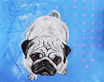 Original Pug Painting - Illustration 10x9 Dog on Textured Watercolor Paper, Unframed, Pet Portrait, Puppy, Acrylic Paint