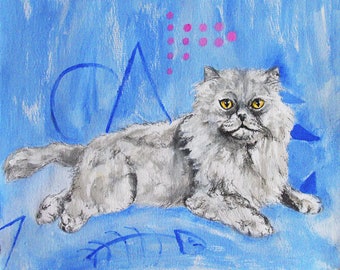 Peinture originale de chat persan gris - Illustration 10 x 9 chat sur papier aquarelle texturé, portrait animalier, chaton, stylo, encre, peinture acrylique, bleu