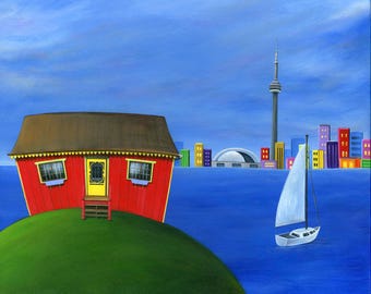 Hilly Harbour Hideout Giclée Archival Print - Paper or Canvas - Folk Art Island Cottage cityscape waterfront and sailboat - Various Sizes