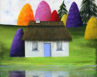 Original Painting Blue Door Cottage - 11x14 - Folk Art Thatched Roof Irish Cottage with colorful trees & reflection - OOAK Acrylic on Canvas