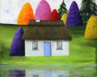 Blue Door Cottage Giclée Archival Print - Papier ou toile - Différentes tailles - Art populaire d'automne - Reflet de chalet irlandais au toit de chaume sur le lac