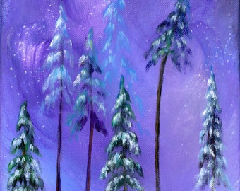 First Snow Giclée Archival Print - Paper or Canvas - Naive Winter Folk Art Painting snow covered pine trees purple blue sky - Various Sizes