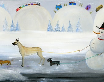 Hilly Hold On Giclée Archival Print - Paper or Canvas - Winter Christmas Folk Art Painting Snowman Walking a Scottie, Dachshund & Great Dane