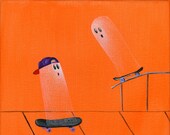 Ghost Boarding Giclée Archival Print - Paper or Canvas - Halloween Folk Art Skateboarding on the sidewalk Riding the Rail - Various Sizes
