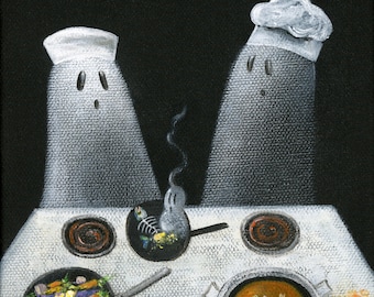 Ghostaghetti Giclée Archival Print - Paper or Canvas - Halloween Folk Art 2 Chefs cooking a spooky gourmet dinner together - Various Sizes