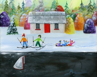 Original Painting Fun Winter Cottage Day by Brianna - 12x12 - Winter Folk Art Painting cross country skiers and pulling children sledding