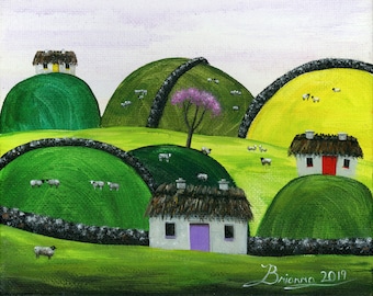 Little Hilly Highlands Giclée Archival Print - Canvas or Paper - Spring Folk Art Irish thatch roof cottages rock walls sheep - Various Sizes