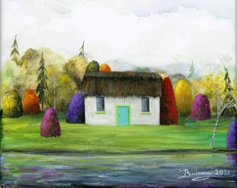 Little Cottage Escape Giclée Archival Print - Canvas or Paper - Spring Folk Art Irish thatch roof cottage, teal door, vibrant -Various Sizes