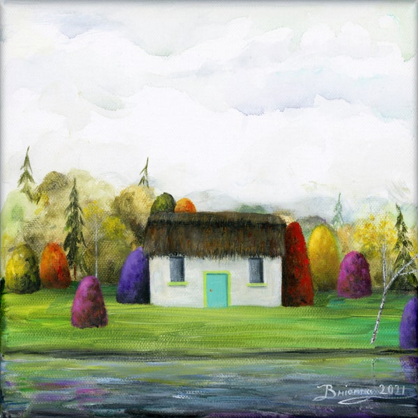 Original Painting Little Cottage Escape - 8x8 - Folk Art Lake Front Thatched Roof Irish Cottage teal door, colorful trees & water reflection