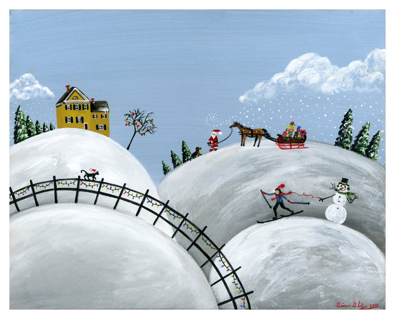 Hilly Holiday Giclée Archival Print Paper or Canvas Winter Folk Art Christmas Painting Santa Horse Sleigh Skier Snowman Various Sizes image 1