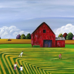 Hilly Hardball Giclée Archival Print Paper or Canvas Various Sizes Summer Spring Kids Playing Baseball on the Farm Field of Dreams image 1