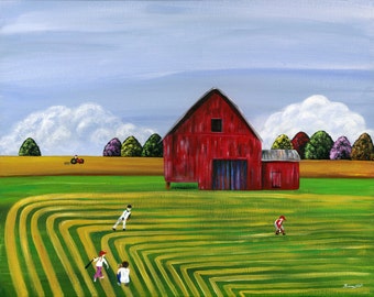 Hilly Hardball Giclée Archival Print - Paper or Canvas - Various Sizes - Summer Spring - Kids Playing Baseball on the Farm Field of Dreams