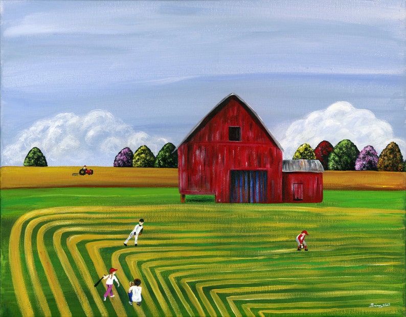 Hilly Hardball Giclée Archival Print Paper or Canvas Various Sizes Summer Spring Kids Playing Baseball on the Farm Field of Dreams image 1