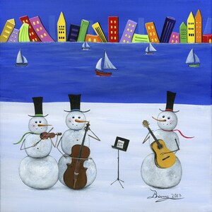 May include: A whimsical painting depicts three snowmen musicians in a winter scene. They wear top hats and play a violin, cello, and guitar. A cityscape and sailboats are in the background. The painting is signed "Brianna 2017."