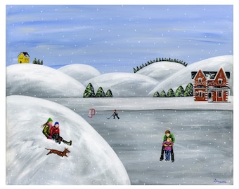 Hilly Humbleness Giclée Archival Print - Paper or Canvas - Winter Folk Art Family Scene kids play hockey, sledding, skating - Various Sizes