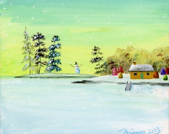 Little Snowman Cottage Giclée Archival Print - Paper or Canvas - Winter folk art Serene frozen lakeside cabin teal pretty sky -Various Sizes
