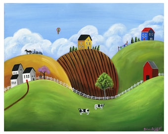 Hilly Homes Giclée Archival Print - Paper or Canvas - Rural Folk Art Landscape Painting with rolling hills cows horse tiller - Various Sizes