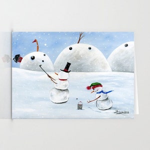 Hilly Hole in One Folk Art Winter Christmas Card w/ Snowman and son playing Golf image 2