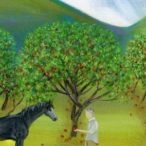 Original Painting Hilly Here Ya Grow by Brianna 12x24 Acrylic Summer Folk Art Apple Orchard with Farmer, Picker, Horse, Dog OOAK image 5
