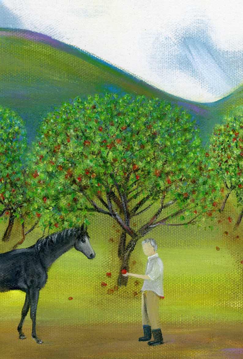 Original Painting Hilly Here Ya Grow by Brianna 12x24 Acrylic Summer Folk Art Apple Orchard with Farmer, Picker, Horse, Dog OOAK image 5