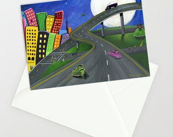 Hilly Meets the Highway - Folk Art Greeting Card - whimsical Toronto skyline & Gardiner Expressway