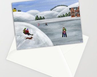 Hilly Humbleness - Folk Art Winter Christmas Card w/ family skating and sledding