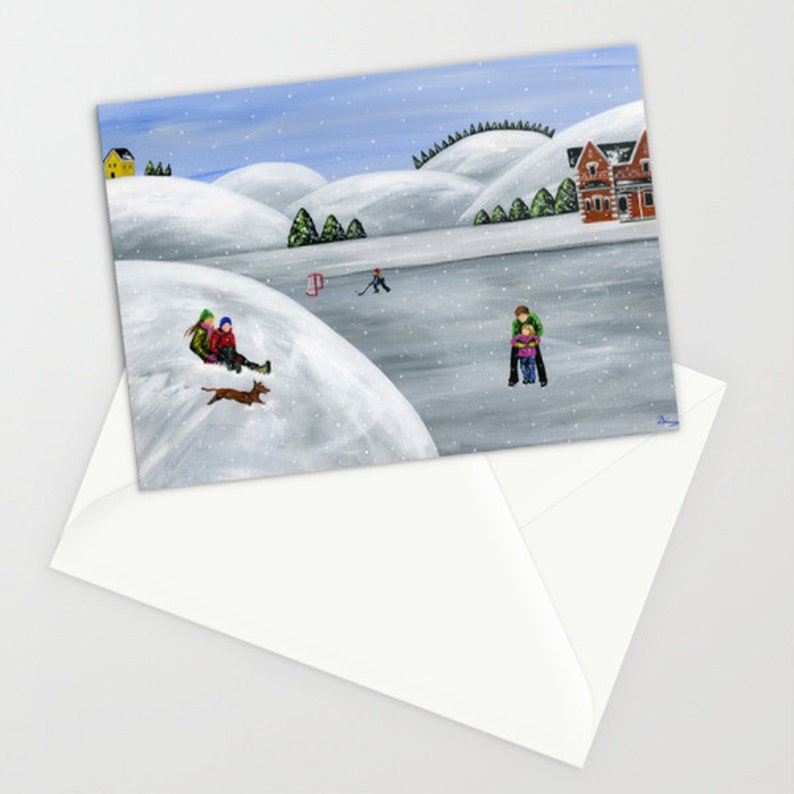 Hilly Humbleness Folk Art Winter Christmas Card w/ family skating and sledding image 1