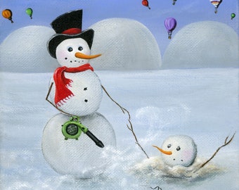 Original Painting Hilly Hot Under the Collar by Brianna - 6x6 - Winter Folk art Snowman Snowblower Saving His Friend -OOAK Acrylic on Canvas