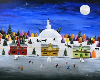 Hilly Hinterland Giclée Archival Print - Paper or Canvas - Various Sizes - Winter Christmas Cottage Folk Art Painting