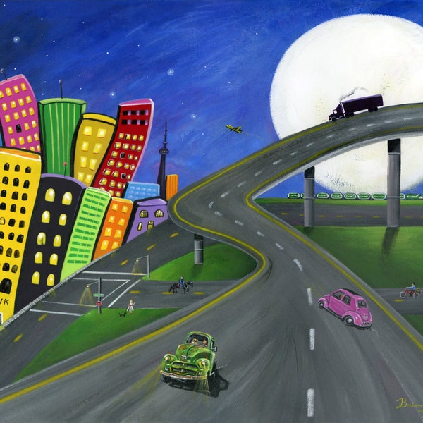 Hilly Meets the Highway Giclée Archival Print - Paper or Canvas - Folk Art Cityscape w/ Highway Bridge, GO Train, Airplane, Police Horse