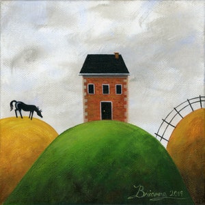 Little Hilly House Giclée Archival Print - Canvas or Paper - Naive Spring Folk Art with brick house on hill and a black horse -Various Sizes