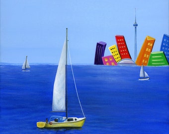 Hilly Hurry Less Giclée Archival Print - Paper or Canvas - Sailboats on the waterfront with Toronto Cityscape in background - Various Sizes