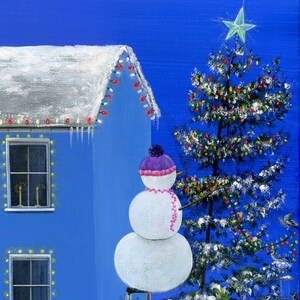 Hilly Hues of Light Giclée Archival Print Paper or Canvas Winter Christmas Folk Art Painting Snowman Decorating a House Various Sizes image 3