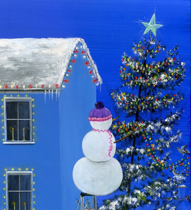 Hilly Hues of Light Giclée Archival Print Paper or Canvas Winter Christmas Folk Art Painting Snowman Decorating a House Various Sizes image 3