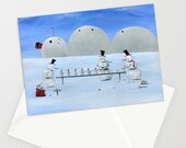 Hilly Helpers - Folk Art Winter Christmas Card - Snowman Assembly Line at the North Pole