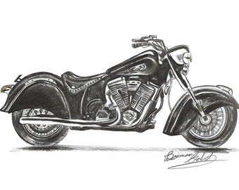 Vintage Indian Motorcycle Limited Edition Giclée Print - 9x16 Black and White Illustration of American Classic Softail Bike - Numbered 2/4