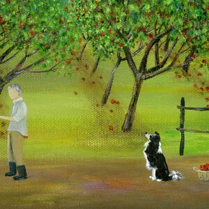 Original Painting Hilly Here Ya Grow by Brianna 12x24 Acrylic Summer Folk Art Apple Orchard with Farmer, Picker, Horse, Dog OOAK image 3