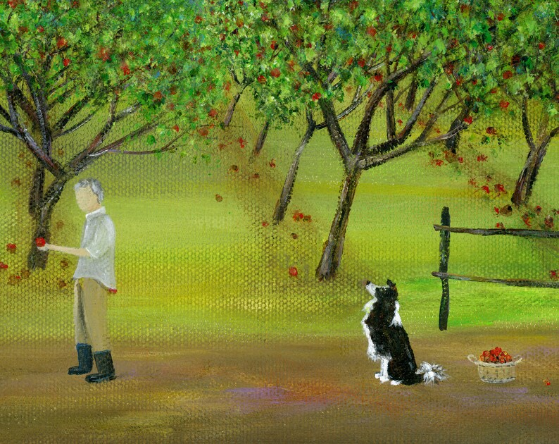 Original Painting Hilly Here Ya Grow by Brianna 12x24 Acrylic Summer Folk Art Apple Orchard with Farmer, Picker, Horse, Dog OOAK image 3