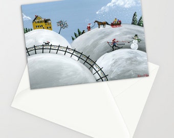 Hilly Holiday - Folk Art Winter Christmas Card w/ Snowman & Skier, Santa, Horse