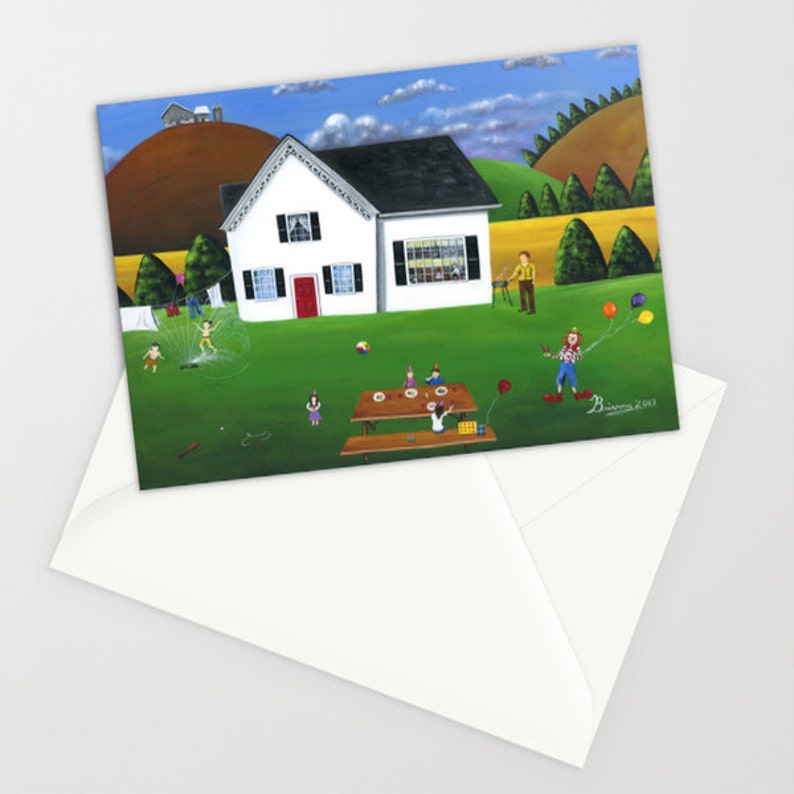 Hilly Happy Birthday Folk Art Greeting Card W/ Family Party Scene Etsy