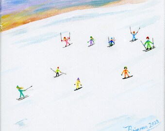 Little Ski Day Giclée Archival Print - Paper or Canvas - Winter Folk Art Painting Skiers snow boarders have fun on ski slopes -Various Sizes