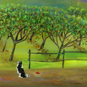 Original Painting Hilly Here Ya Grow by Brianna 12x24 Acrylic Summer Folk Art Apple Orchard with Farmer, Picker, Horse, Dog OOAK image 6