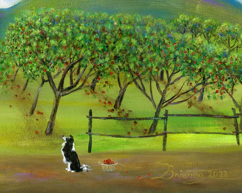 Original Painting Hilly Here Ya Grow by Brianna 12x24 Acrylic Summer Folk Art Apple Orchard with Farmer, Picker, Horse, Dog OOAK image 6