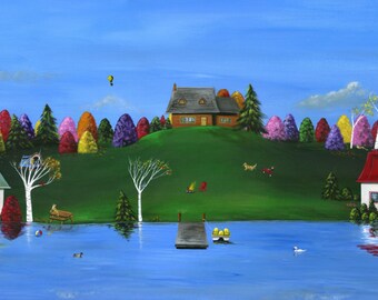 Hilly Hues Giclée Archival Print - Paper or Canvas - Cottage by the lake folk art by Brianna, campfire, swan, duck, tent, cat -Various Sizes