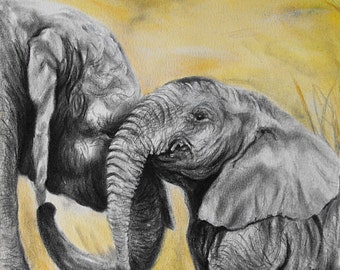 Original Elephant Mama and Baby Pastel - 9x10 Wildlife Illustration on Textured Watercolor Paper of Nurturing Mother caring for her Littlest