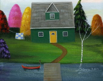 This Green House Giclée Archival Print - Paper or Canvas - Fall Folk Art yellow door cottage at the lake with red canoe quilt -Various Sizes