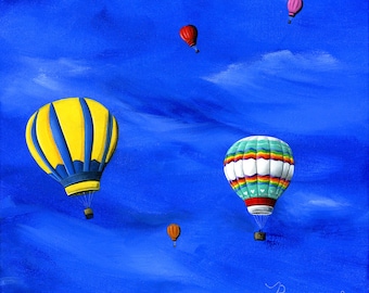 Original Painting Little Hot Air Balloons by Brianna - 12x12 - Ballooning on a breezy day with a clear blue sky - OOAK Acrylic on Canvas